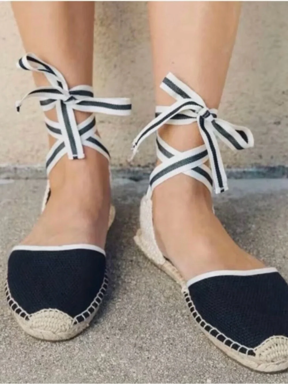 SOLUDOS Lauren Lace Up Espadrille Sandals Ankle Wrap Black Linen Women's. Size 7